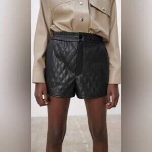 Zara Quilted Faux Leather Shorts High Waist Pockets Black Vegan M